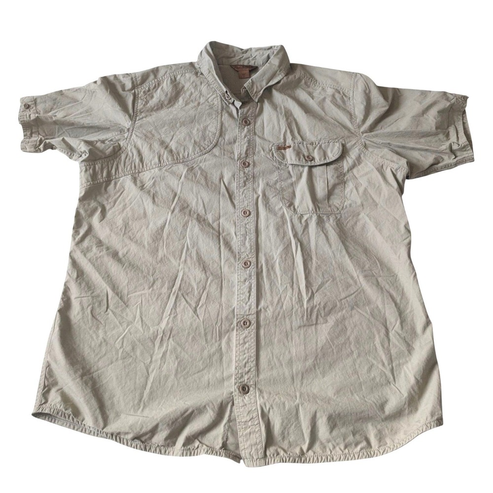 Eddie Bauer Sport Shop Mens XL Tan Khaki Short Sleeve Button Down Utility‎ Shirt